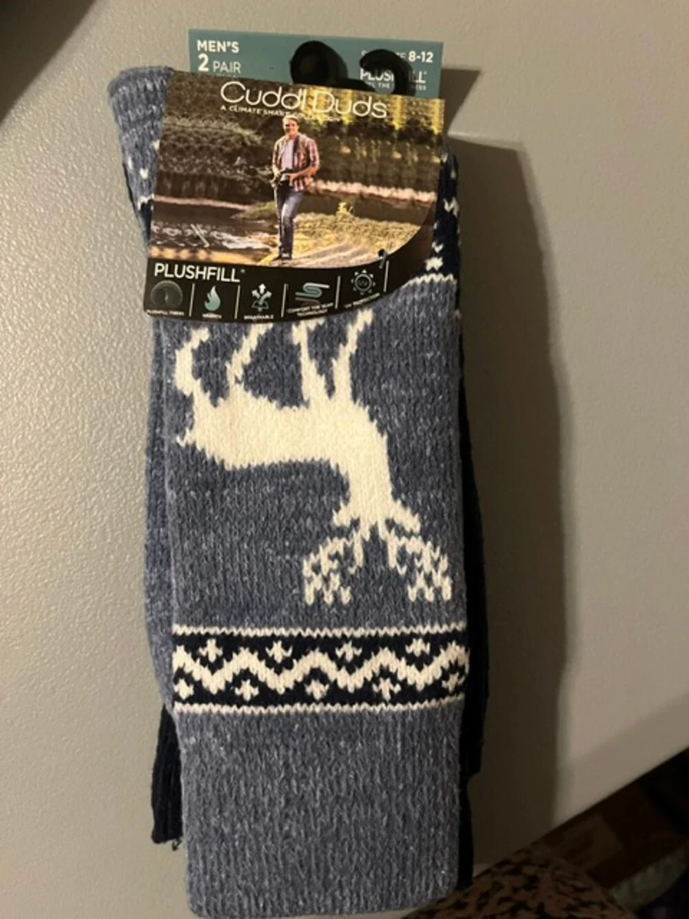 Cuddl Duds Plushfill Men's Crew Socks 2 Pair Blue White Size 8-12